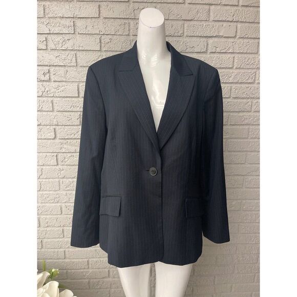 Kasper Women Black & Blue Pin Striped One Button Blazer Size 18 - Picture 1 of 11